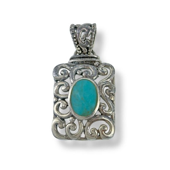 Vintage Sterling Silver 925 Ornate Scroll Oval Blue Magnesite Pendant - Picture 1 of 5